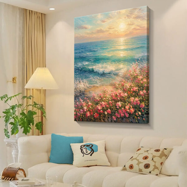 Tranh Sơn Dầu Thủ Công Phong Cảnh Biển Chiều Và Hoa Hồng (H24) - Ảnh 4