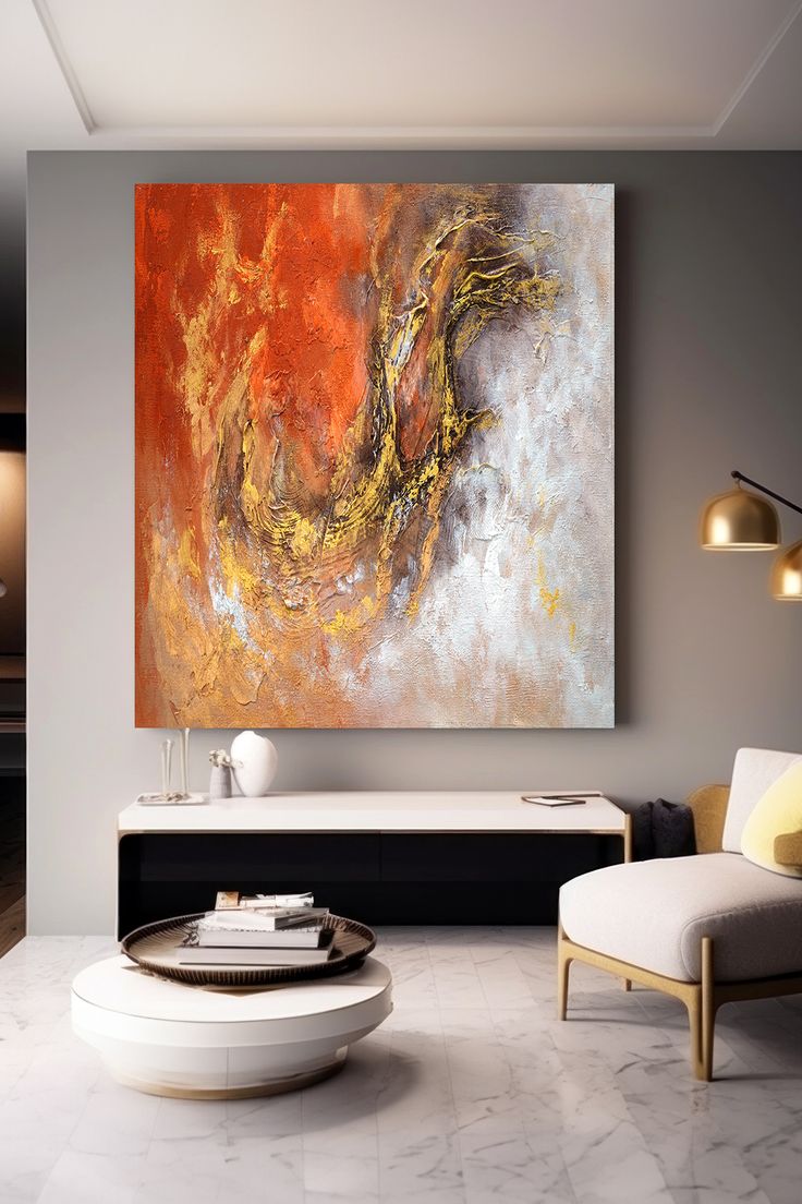 Tranh sơn dầu trừu tượng màu cam vàng sang trọng treo phòng khách hiện đại