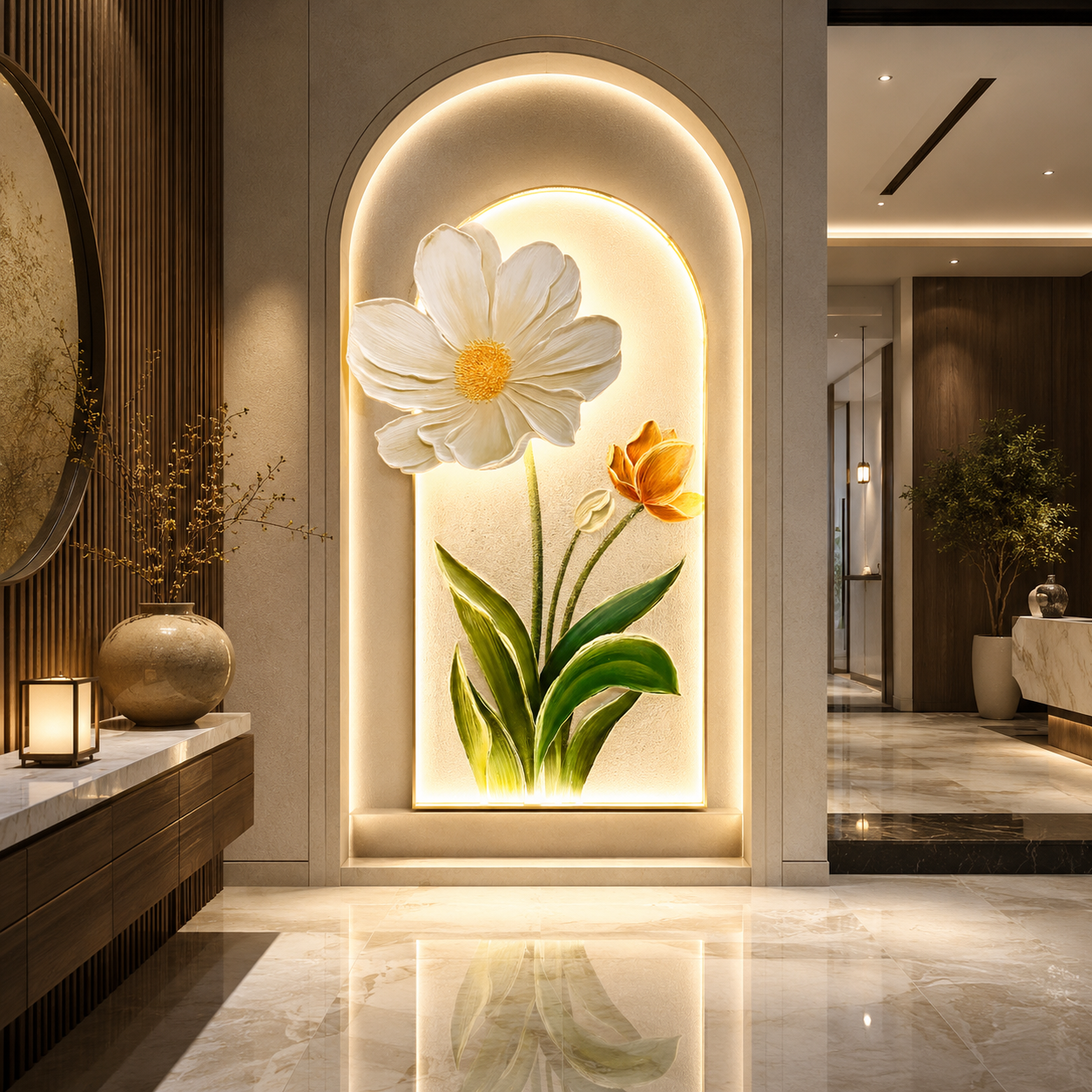 Hoa Cúc Trắng Tulip Vàng Khung Vòm Đèn LED (H87) - Ảnh 2