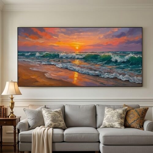 1-12 Tranh Sơn Dầu Biển Hoàng Hôn Sóng Xanh Cam Rực Rỡ (H48) - Tranh Ve Tay Thu Cong | Chen Decor