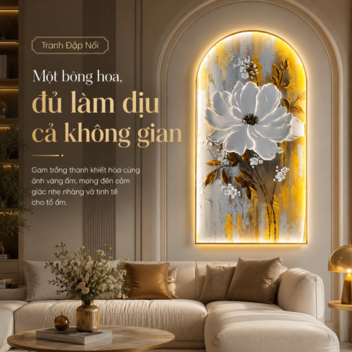 1-14 Hoa Trắng Vàng Nền Kim Khung Vòm Đèn LED (H98)
