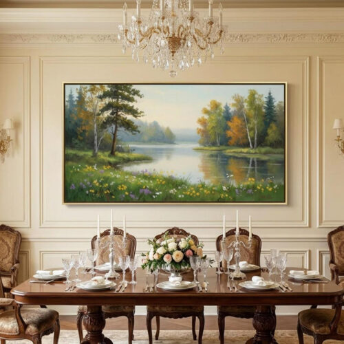1-15 Tranh Sơn Dầu Hồ Nước Rừng Thu Hoa Dại Cổ Điển (H51) - Tranh Ve Tay Thu Cong | Chen Decor