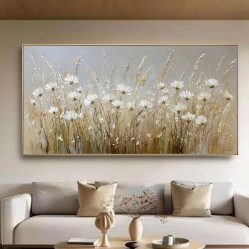 1-18 Tranh Sơn Dầu Hoa Cúc Trắng Đồng Cỏ Vàng Tươi Sáng (H69) - Tranh Ve Tay Thu Cong | Chen Decor