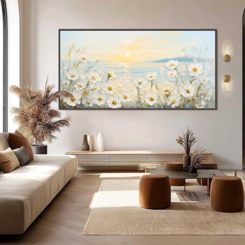 1-19 Tranh Sơn Dầu Hoa Trắng Bình Minh Nắng Vàng Dịu Dàng (H70) - Tranh Ve Tay Thu Cong | Chen Decor