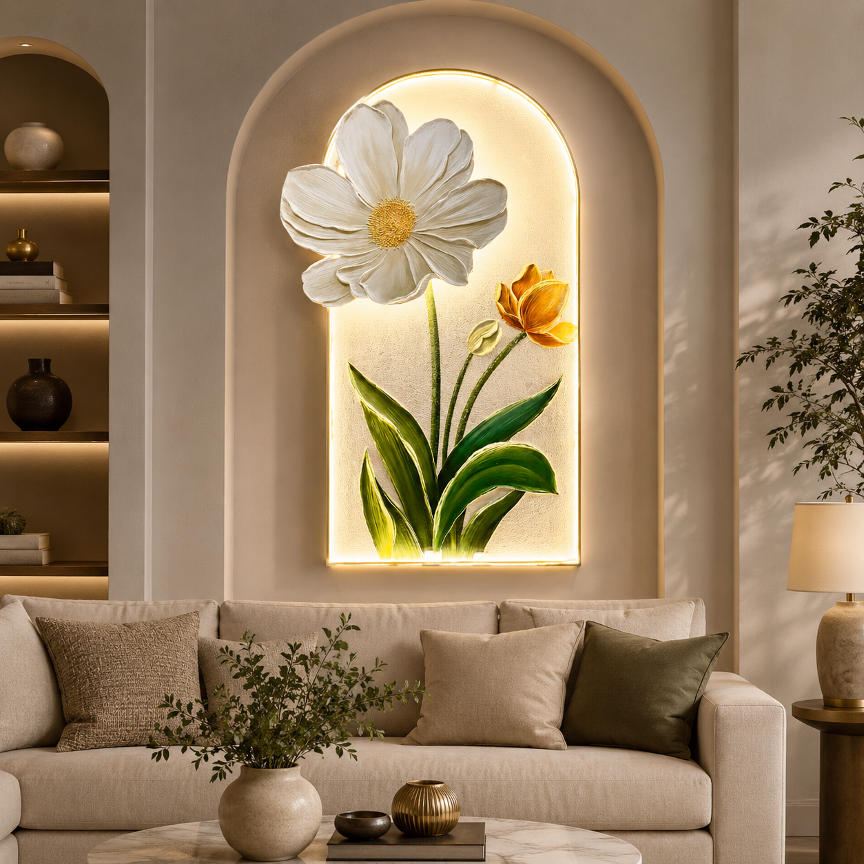 Hoa Cúc Trắng Tulip Vàng Khung Vòm Đèn LED (H87) - Ảnh 4