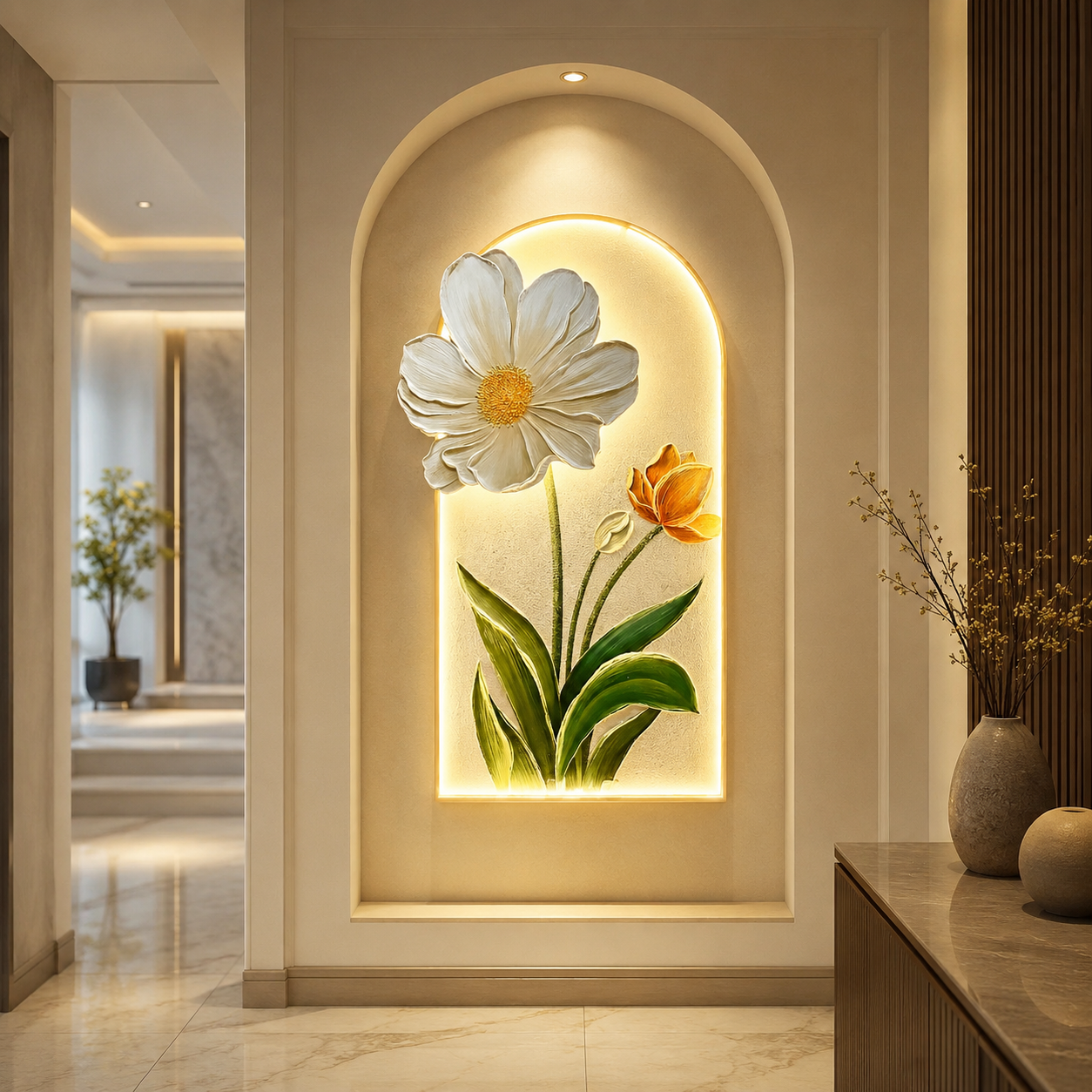 Hoa Cúc Trắng Tulip Vàng Khung Vòm Đèn LED (H87) - Ảnh 5
