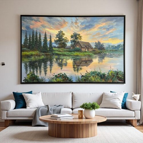 il_NxN.7475777572_5xrh Tranh Sơn Dầu Làng Quê Hồ Nước Hoàng Hôn Bình Yên (H59) - Tranh Ve Tay Thu Cong | Chen Decor
