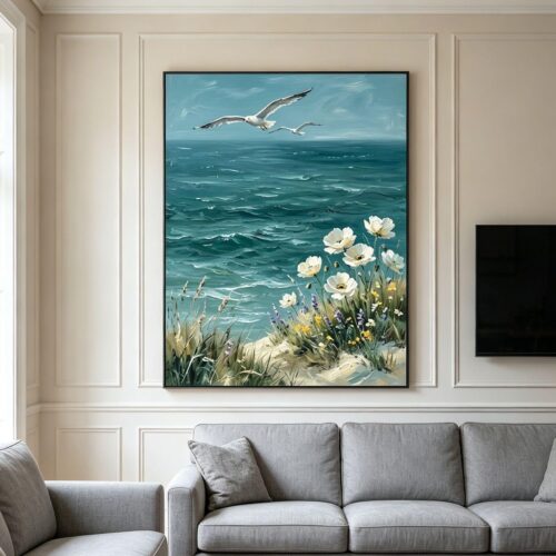 il_NxN.8014257680_rgw8 Tranh Sơn Dầu Biển Hoa Trắng Chim Hải Âu Thơ Mộng (H62) - Tranh Ve Tay Thu Cong | Chen Decor