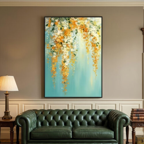 il_NxN.8018010740_42vv Tranh Sơn Dầu Hoa Vàng Trắng Rủ Xuống Nền Xanh Ngọc (H65) - Tranh Ve Tay Thu Cong | Chen Decor